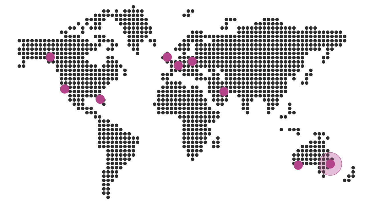 A map of the world represent as dots. Locations in Australia, North America and Europe are highlighted.